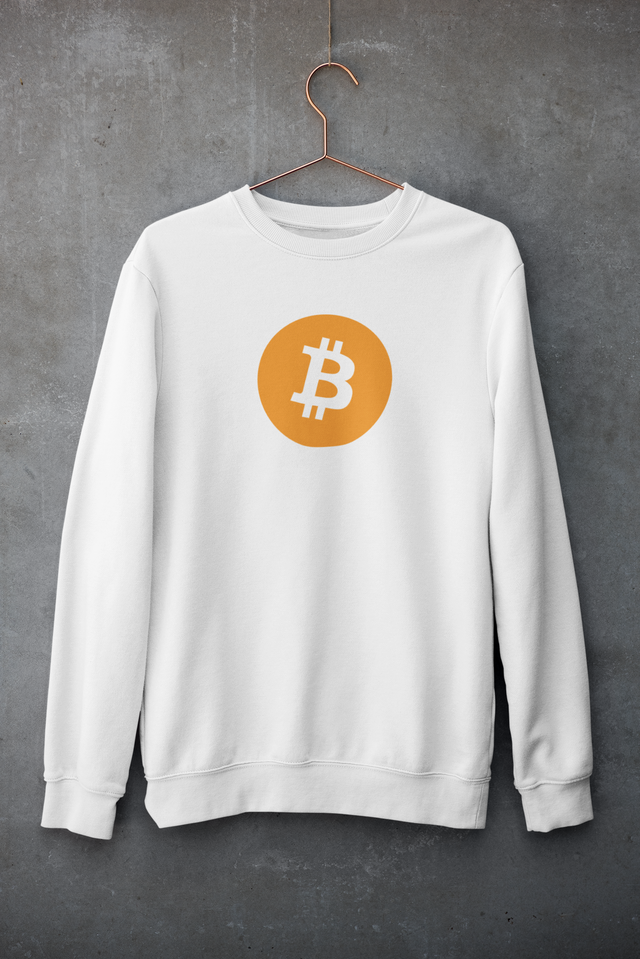 Hvit Bitcoin crewneck med originalt Bitcoin-logosymbol fra iKrypto-kolleksjonen, produsert av Sparxwear