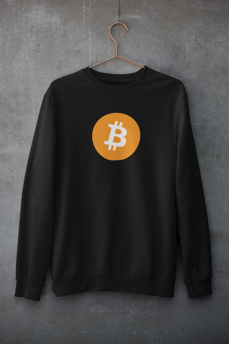 Svart Bitcoin crewneck med originalt Bitcoin-logosymbol fra iKrypto-kolleksjonen, produsert av Sparxwear